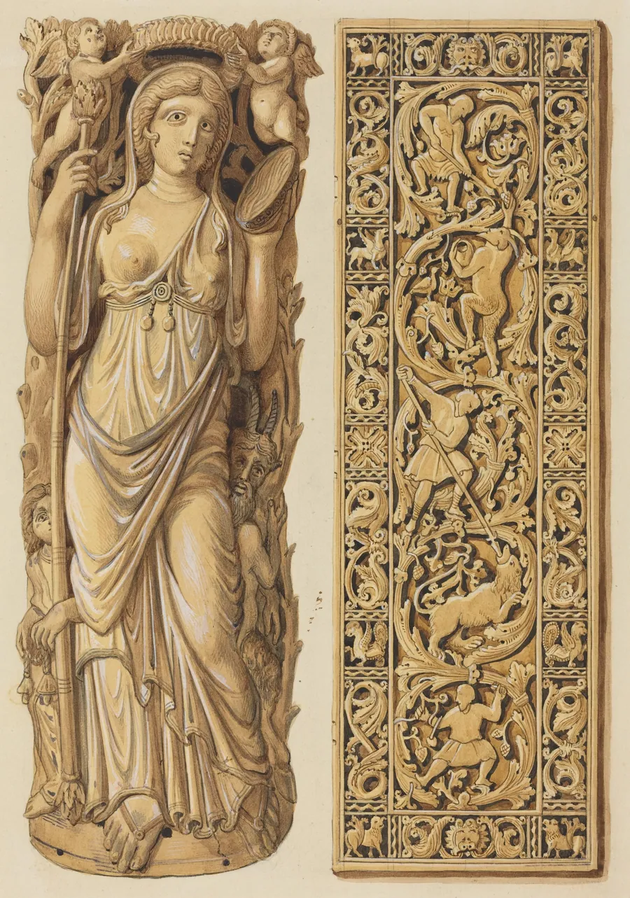 Renderings of an Ivory Carving of Ariadne from the 6th Century and an Ivory Plaque from the 9th Century by Herman Wilhelm Soltau