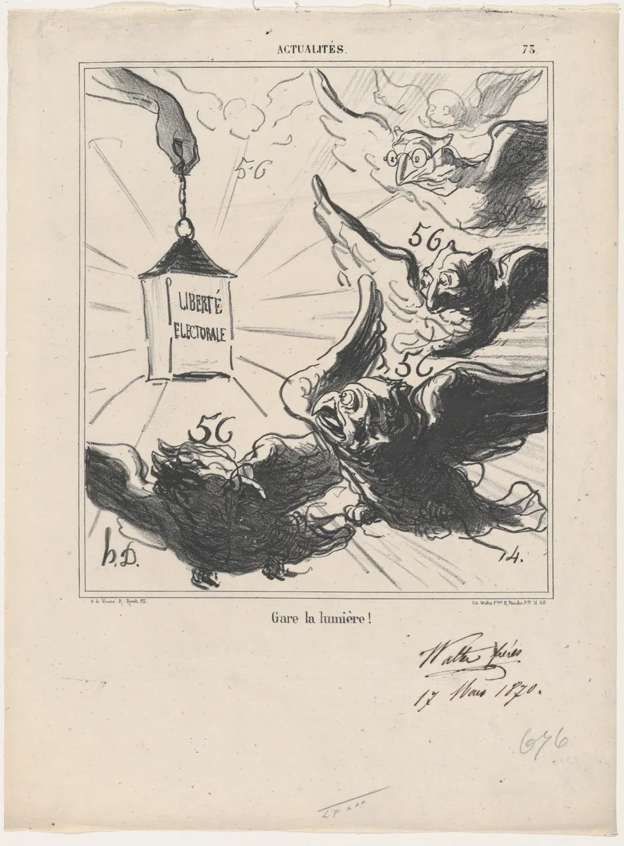 Look out for the light!, from 'News of the day,' published in Le Charivari, April 5, 1870 by Arnaud de Vresse