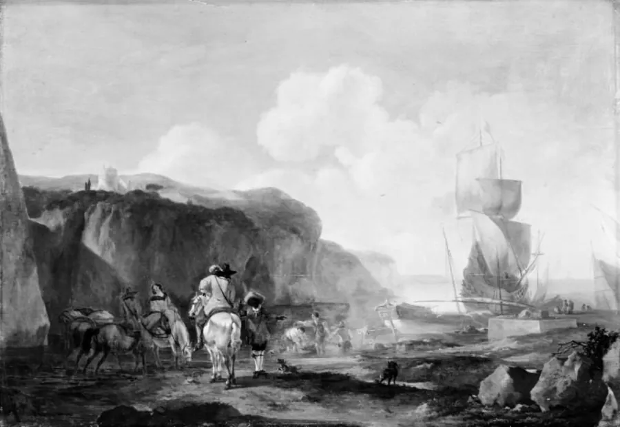 Jagtselskab ved en sydlandsk havn by Abraham Jansz Begeyn