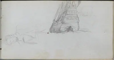 Sketchbook, page 84: Figure Study, Study of a Ship