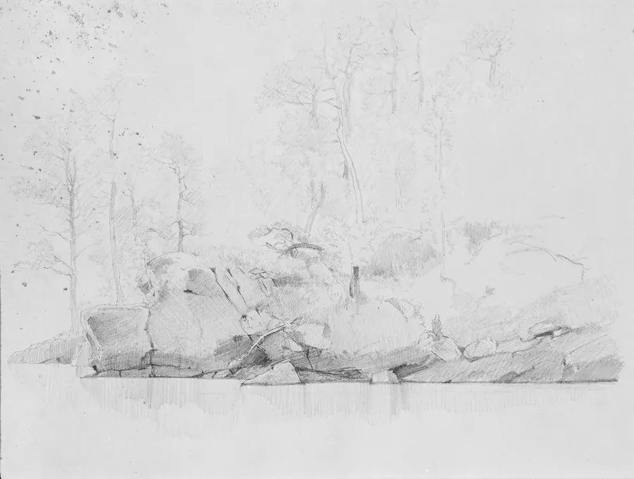 Study of Rocks and Trees by a Lake by Albert Bierstadt