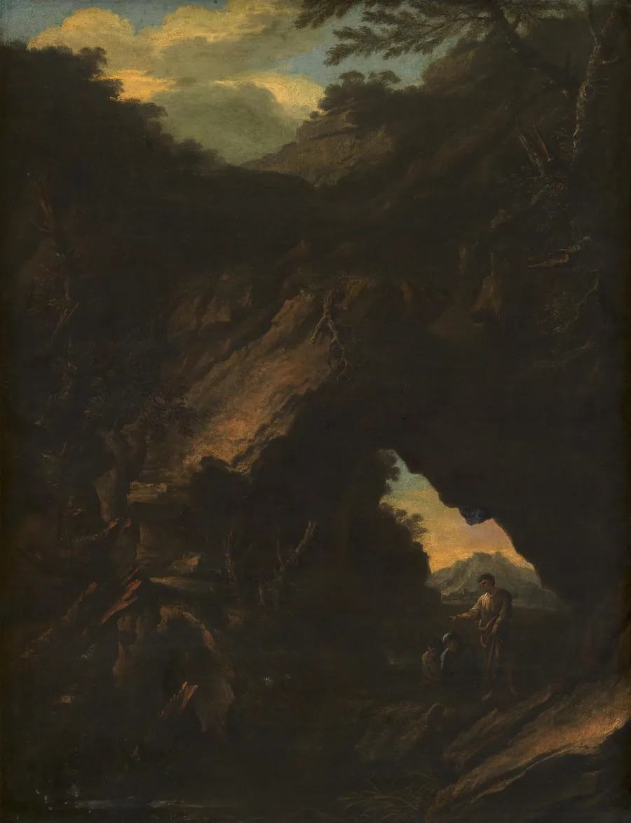 Landskab med en "arco naturale" by Salvator Rosa