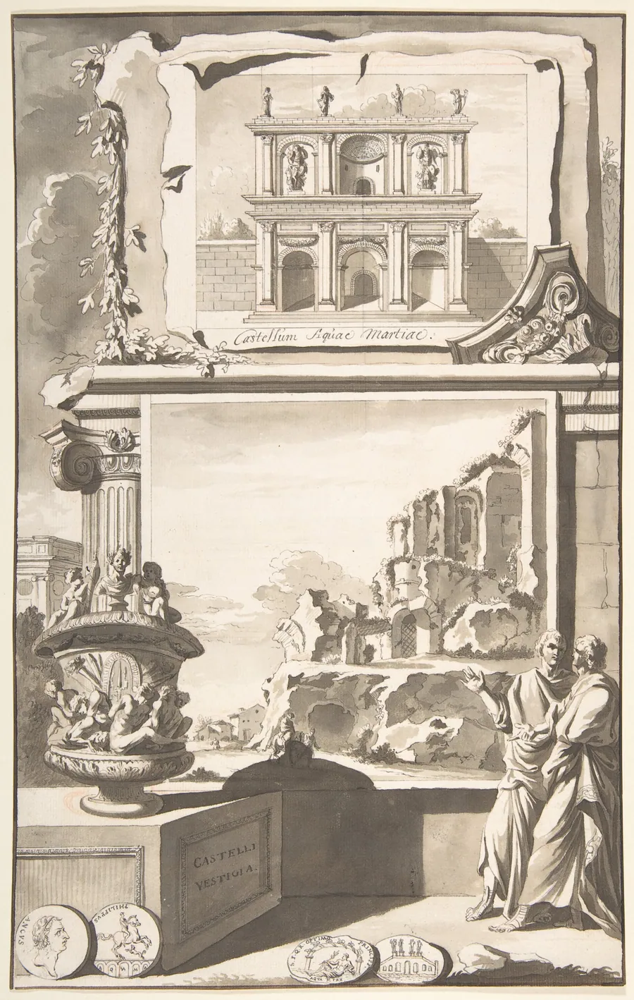 A Reconstruction of the Castellum Aquiae Martiae (above) and a View of the Ruins (below) by Jan Goeree