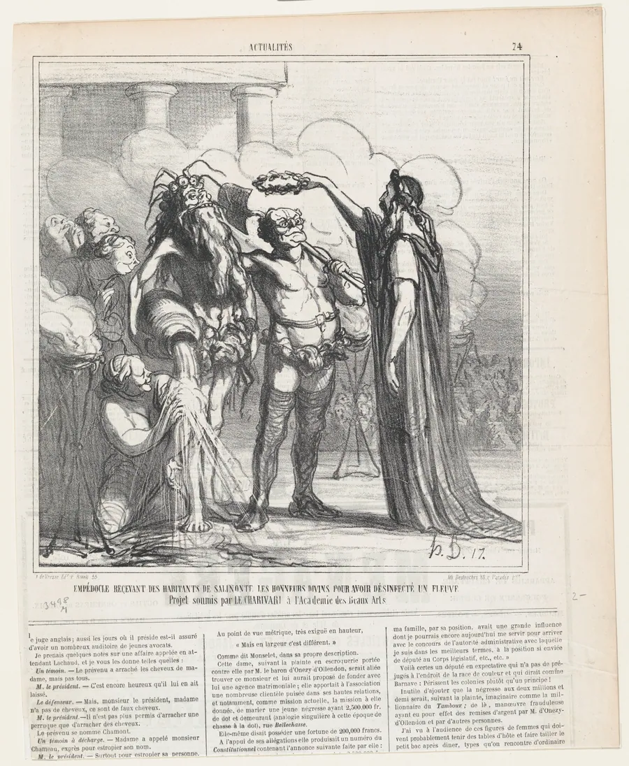 Empedocles receiving the divine honors from the inhabitants of Salinonte for having a river purified: Project proposed b the Charivari to the Academy of Fine Arts, from 'News of the day,' published in Le Charivari, May 1, 1866 by Destouches