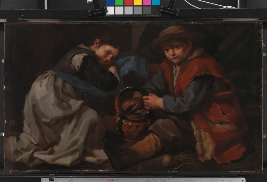 En pige og en dreng, der varmer sig ved et kulbækken by Bernardo Eberhart Keilhau