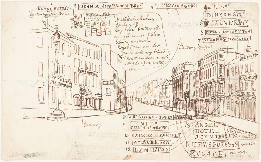 Street Perspective with Places of Business Labeled by George Cruikshank