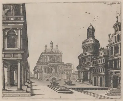 Corner of a Palace with Colonnade and Circular Building