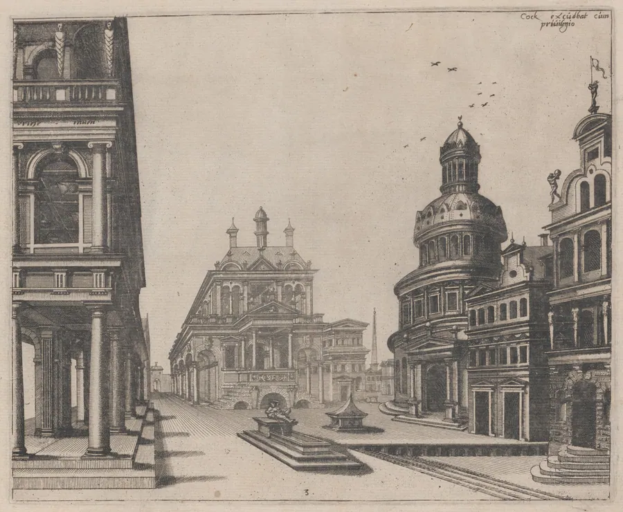 Corner of a Palace with Colonnade and Circular Building by Lucas van Doetechum