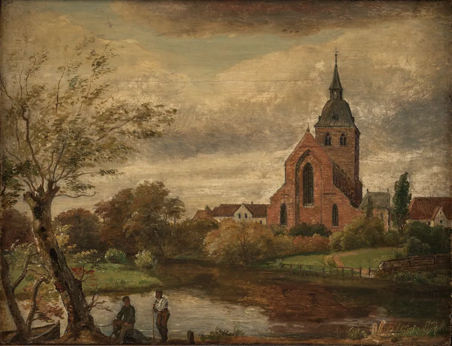 Efterårsdag ved Odense Å. Skt. Knuds Kirke set fra Blegepladsen by Dankvart Dreyer