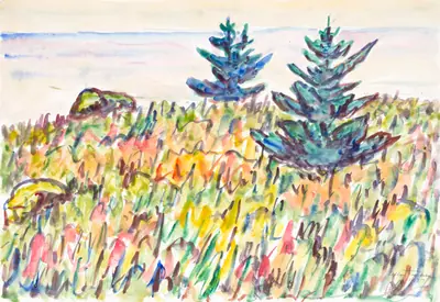 Watercolor no. 35, Field with Two Pine Trees