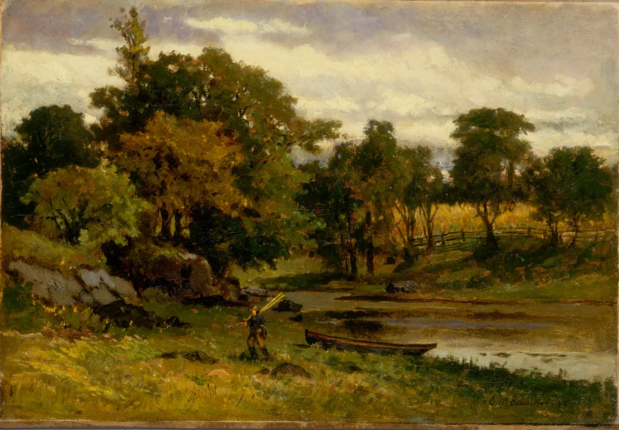 Untitled (landscape, boat moored near stream, man walking in foreground) by Edward Mitchell Bannister, born St. Andrews, New Brunswick, Canada 1828-died Providence, RI 1901
