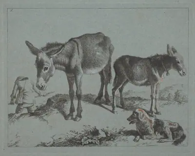 Donkey with her Foal, a Dog, and a Peasant Man