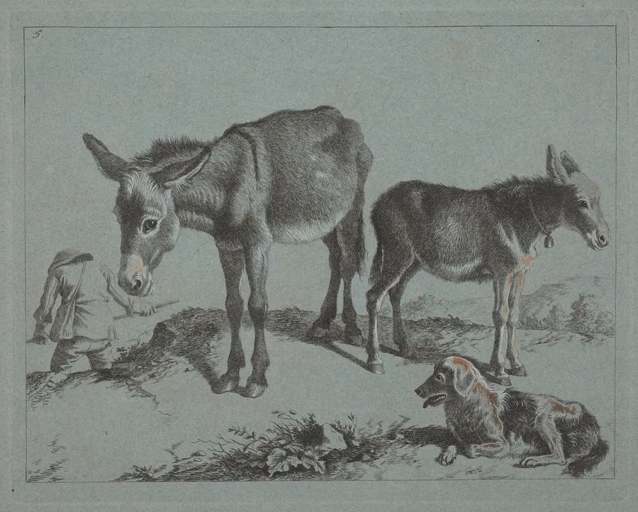 Donkey with her Foal, a Dog, and a Peasant Man by Francesco Londonio