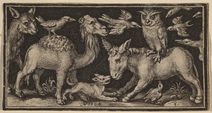 Owl on Back of Donkey, Bird on Back of Camel with Other Animals by Nicolaes de Bruyn