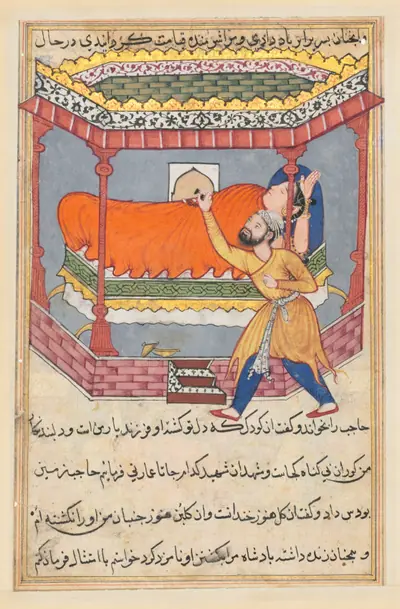 The king places the talisman on his sleeping wife, from a Tuti-nama (Tales of a Parrot): Fiftieth Night