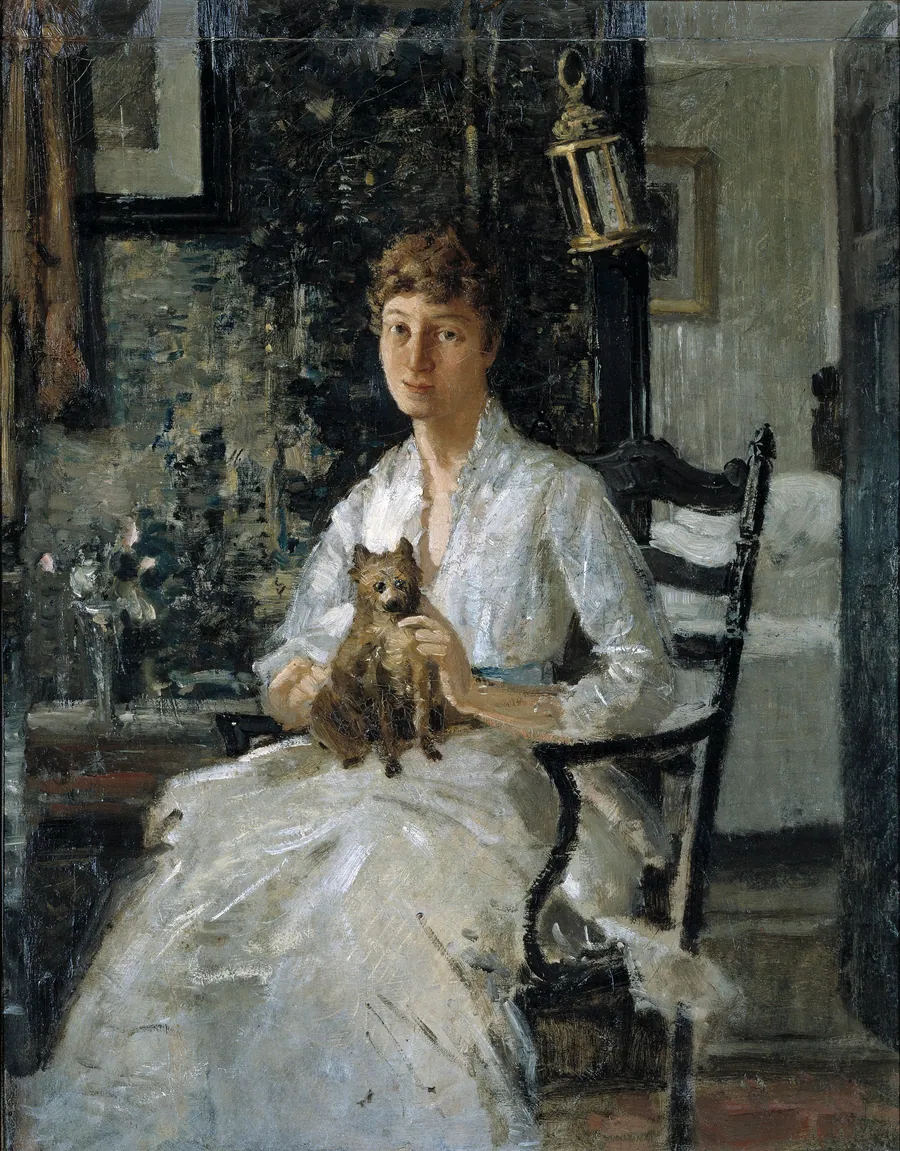 Portrait of a Lady with a Dog (Anna Baker Weir) by J. Alden Weir, born West Point, NY 1852-died New York City 1919