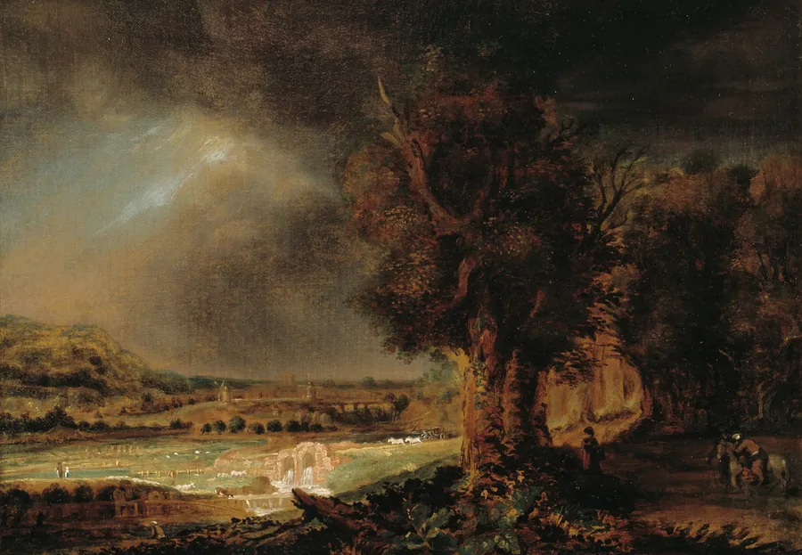 Landskab med den gode samaritan by Rembrandts skole