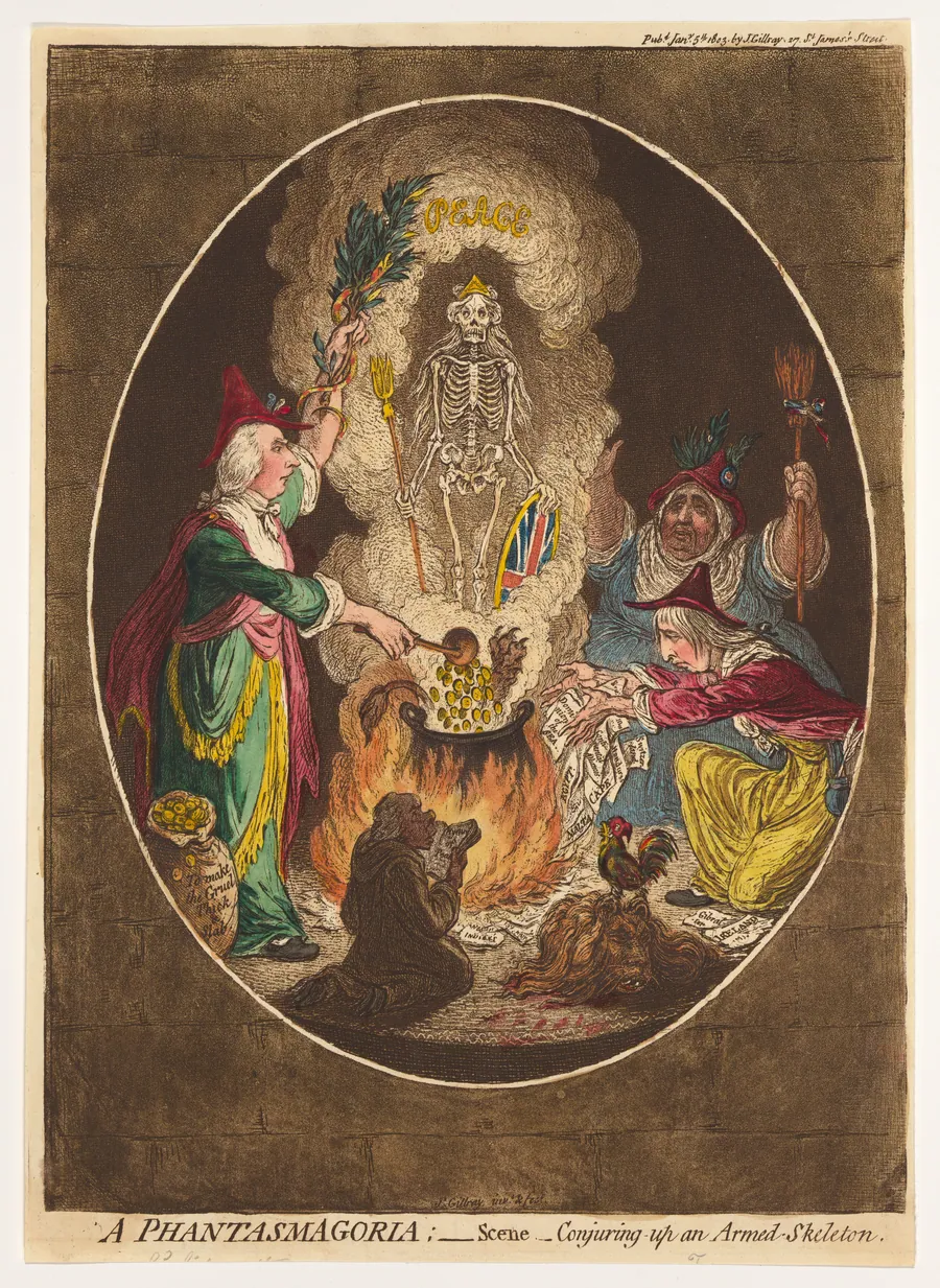 A Phantasmagoria; — Scene – Conjuring-Up an Armed-Skeleton by James Gillray