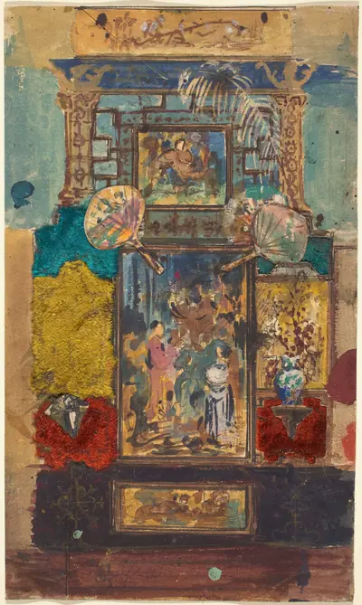 Stage Set Consisting Of Painted Panels, Fabrics, And Fans