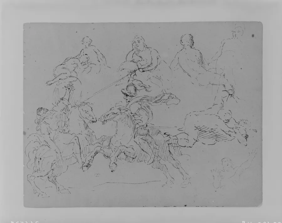 Various Figure Sketches, Including Two Battling Equestrains, Two Wrestlers (from Sketchbook) by Thomas Sully
