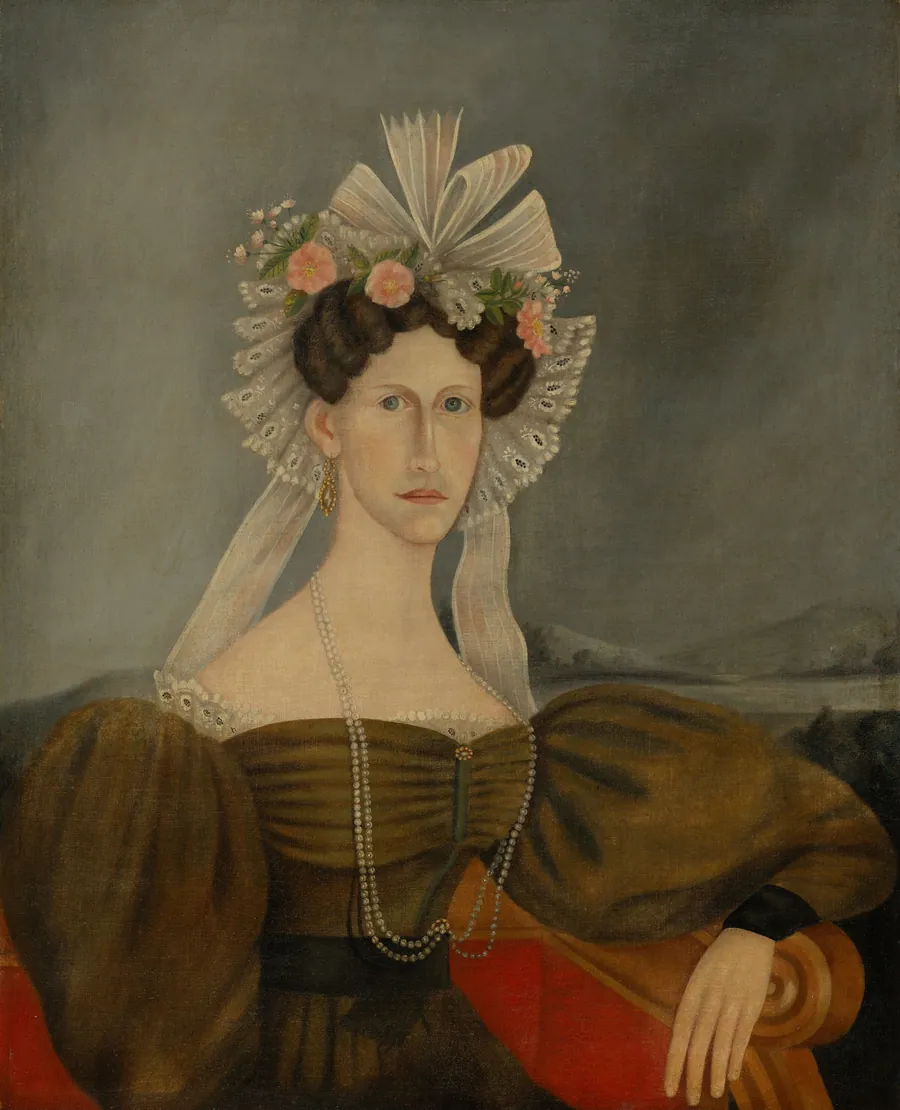 Lady Wearing Pearls by American 19th Century