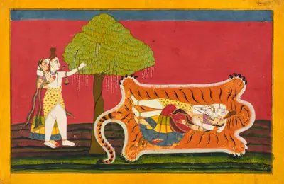Shiva and Parvati on a tiger skin: Anakūl Nayaka folio from a <em>Rasamanjari</em>