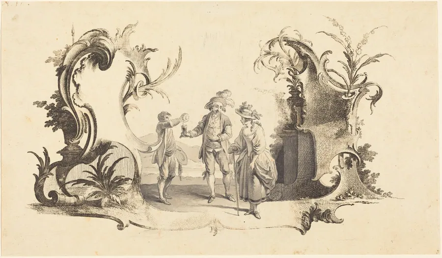 Cartouche Moderne with a Young Couple Being Served Wine by Johann Esaias Nilson