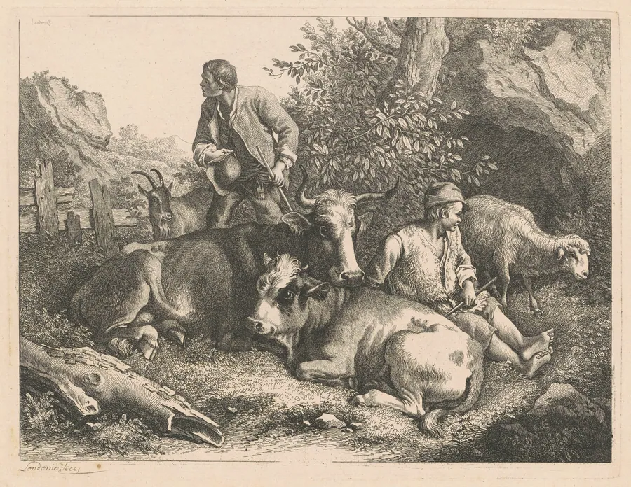 Two Shepherds with a Cow and Calf by Francesco Londonio