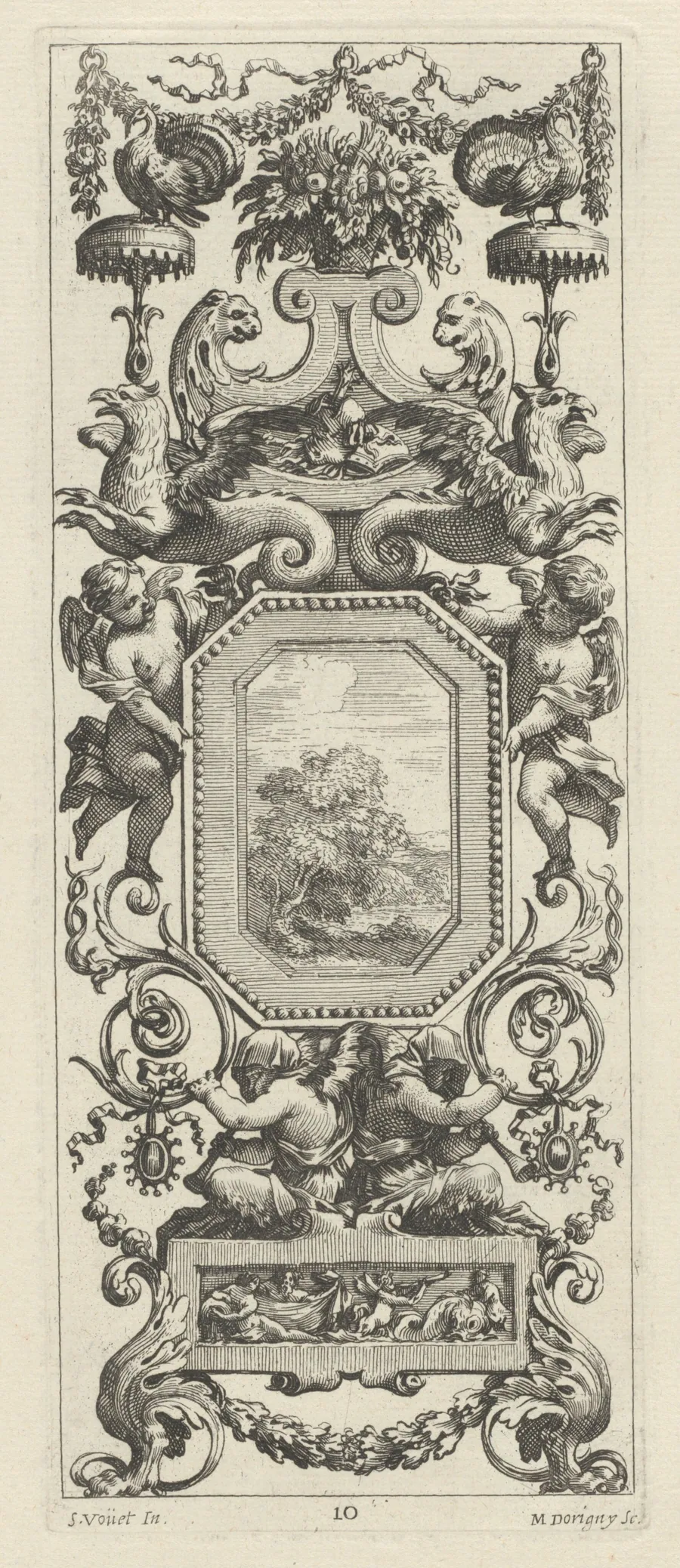 Ornamental Panel Surmounted by a Basket of Flowers and a Garland by Michel Dorigny