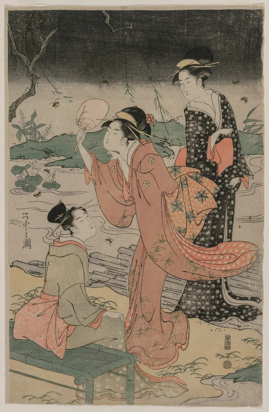 Women Beside a Stream Chasing Fireflies by Chōbunsai Eishi