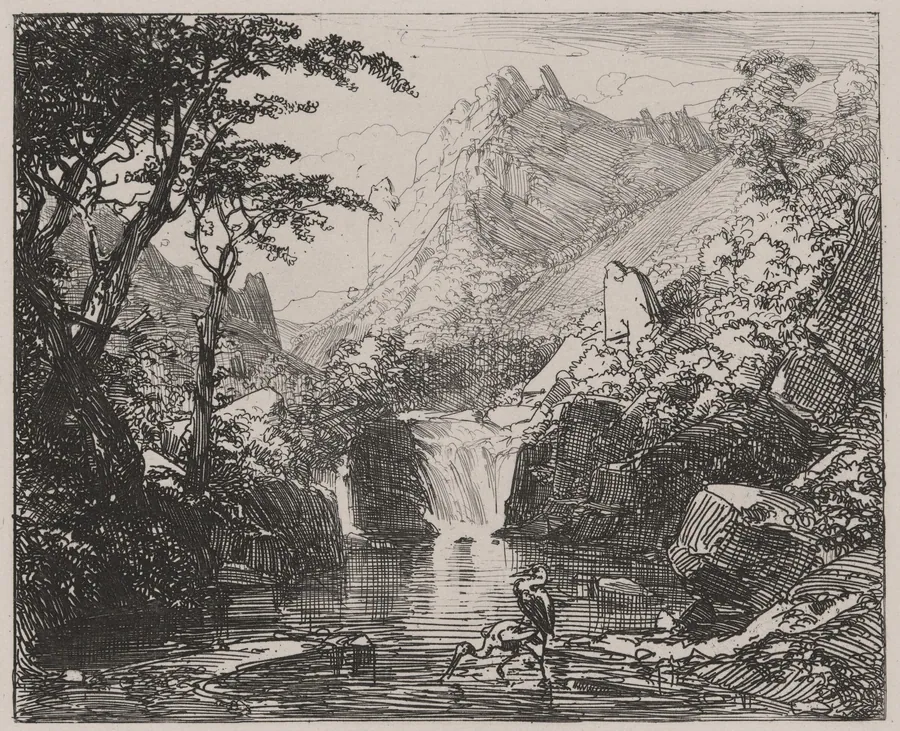 Mountain View with Waterfall and Water Birds by Caspar Johann Nepomuk Scheuren