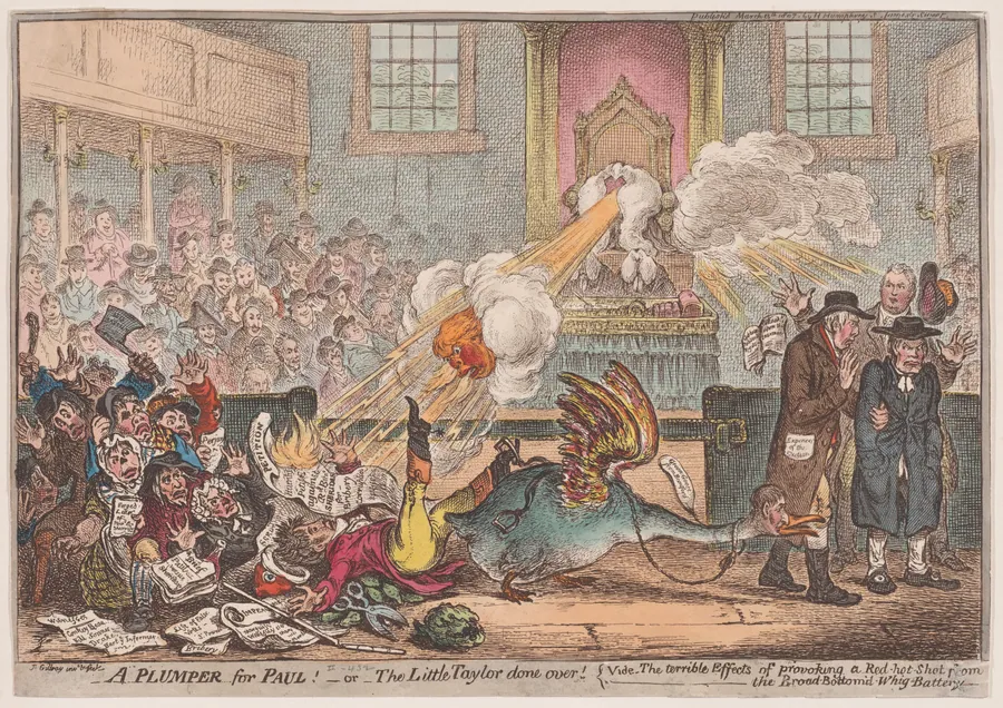 A Plumper for Paul!–or–the Little Taylor Done Over; vide–the terrible Effects of provoking a Red-hot Shot from the Broad-Bottom'd-Whig-Battery by James Gillray