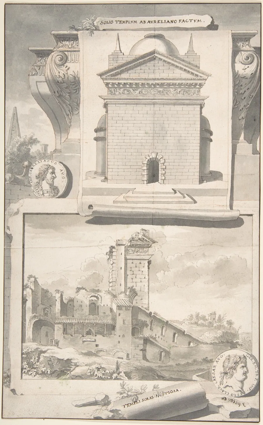 A Reconstruction of the Aurelian Temple of the Sun (above) and a View of the Ruins (below) by Jan Goeree