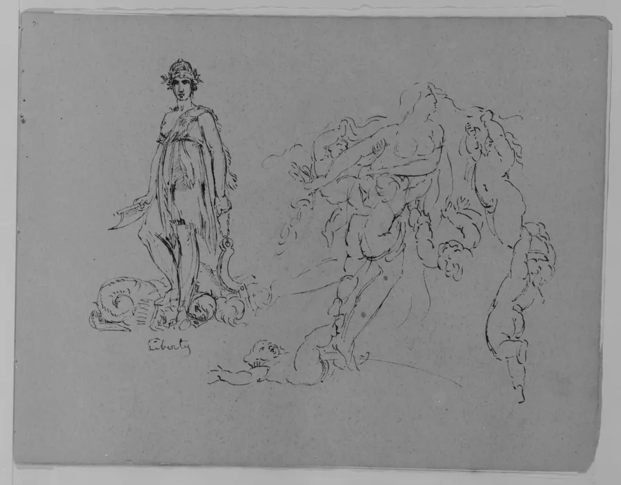 Liberty Figure; Fleeing Nude Female Figure with Putti (from Sketchbook) by Thomas Sully