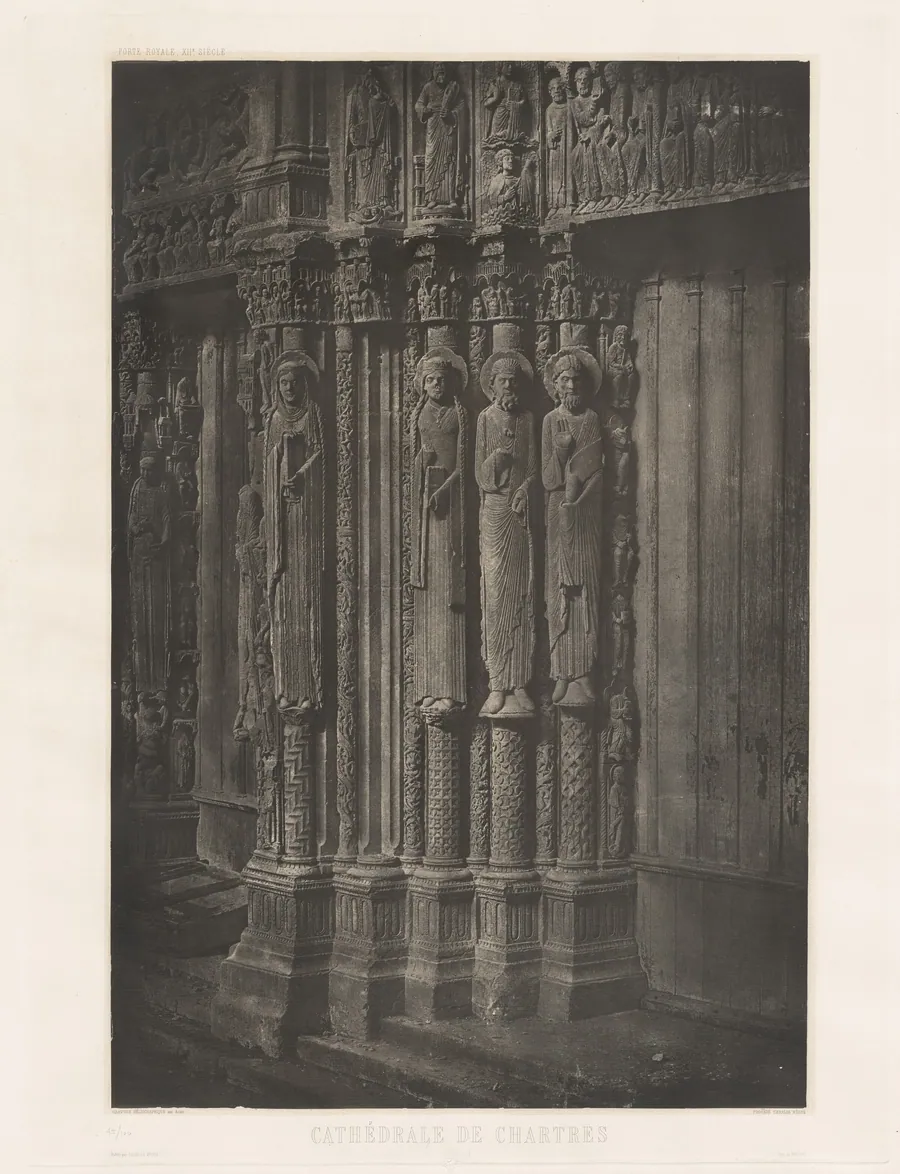 Planche XIII – Cathédrale de Chartres, Statues Colonnes de la Porte Centrale du Portail Royal (Plate XIII – Chartres Cathedral, Statue Columns in the Central Door of the Royal Entrance) by Charles Nègre