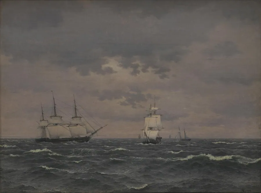 En korvet, som indtager reb i merssejlene i en tiltagende kuling og nogle andre sejlere by C.W. Eckersberg
