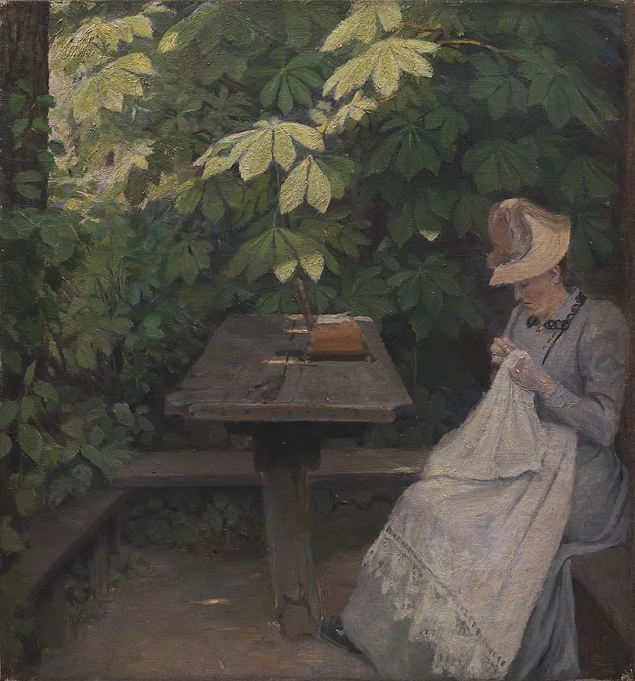 En sommerklædt dame i et lysthus by Poul S. Christiansen