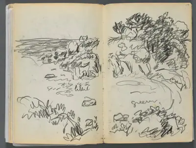 Sketchbook- The Granite Shore Hotel, Rockport, page 176 & 177: Landscape with Color Notations