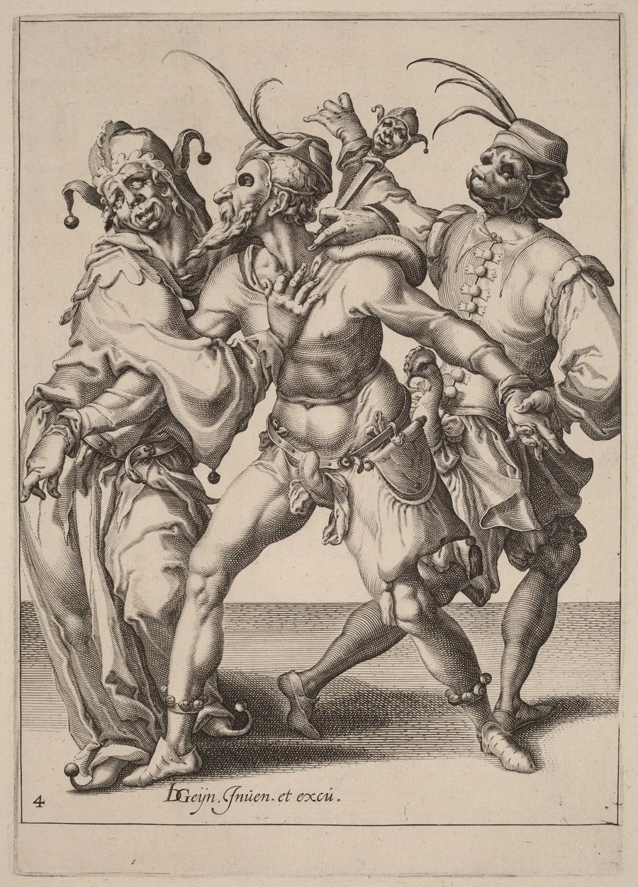 Three Dancing Mummers, Including a Jester by Zacharias Dolendo