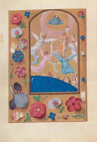 Hours of Queen Isabella the Catholic, Queen of Spain: Fol. 24v, Souls of the Saved Brought to Heaven