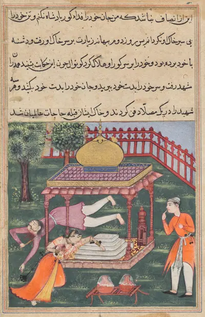 Mahrusa kills herself at the tomb of the king of Zabul, and her husband does likewise, from a Tuti-nama (Tales of a Parrot): Thirty-sixth Night