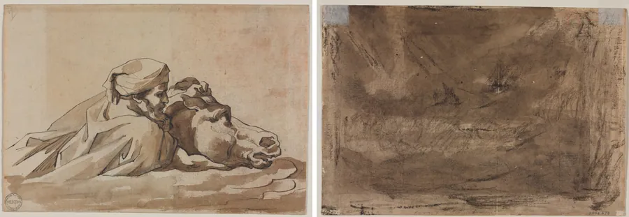 Man Clutching a Horse in Water, after Poussin's "Deluge" (recto); Compositional Study? (possibly for "Poussin's Deluge") (verso) by Théodore Géricault