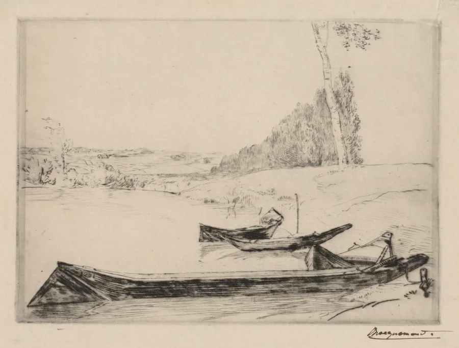 Small ferry-boats on the banks oft he Seine by Félix Bracquemond