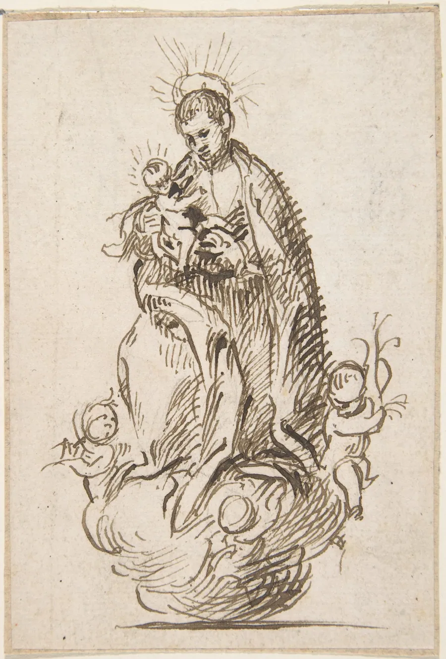 Male Saint (Stanisław Kostka?) standing on clouds supported by putti, holding infant Christ by Anonymous, Spanish, School of Seville, 17th century