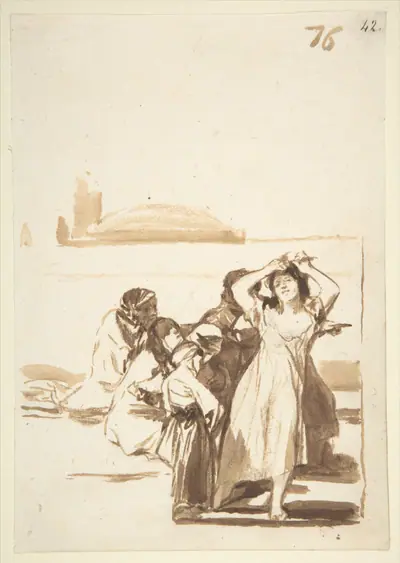 A woman pulling at her hair accompanied by a group of figures; page 76 from the 'Images of Spain' album (F)