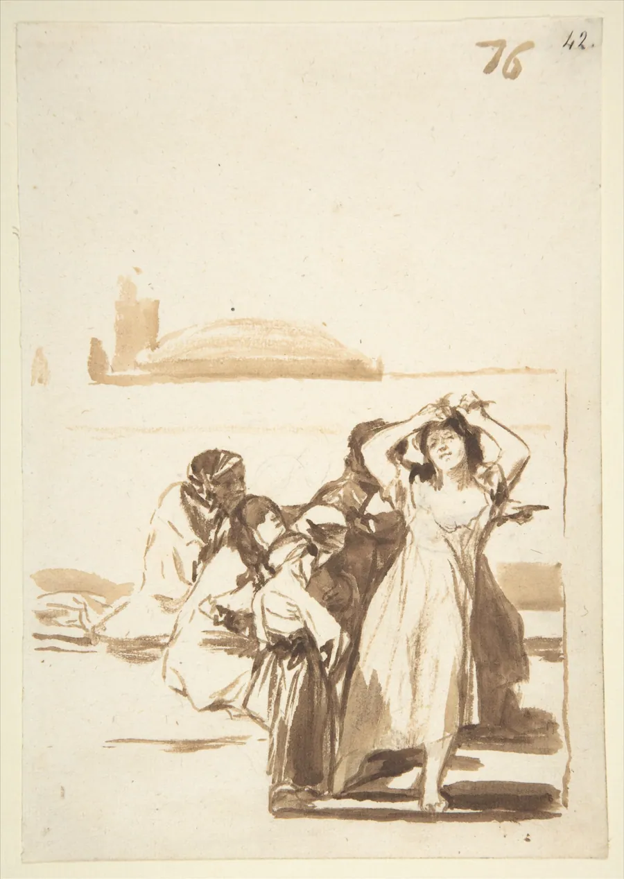 A woman pulling at her hair accompanied by a group of figures; page 76 from the 'Images of Spain' album (F) by Goya (Francisco de Goya y Lucientes)