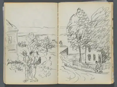 Sketchbook- The Granite Shore Hotel, Rockport, page 076 & 77: Village Scene