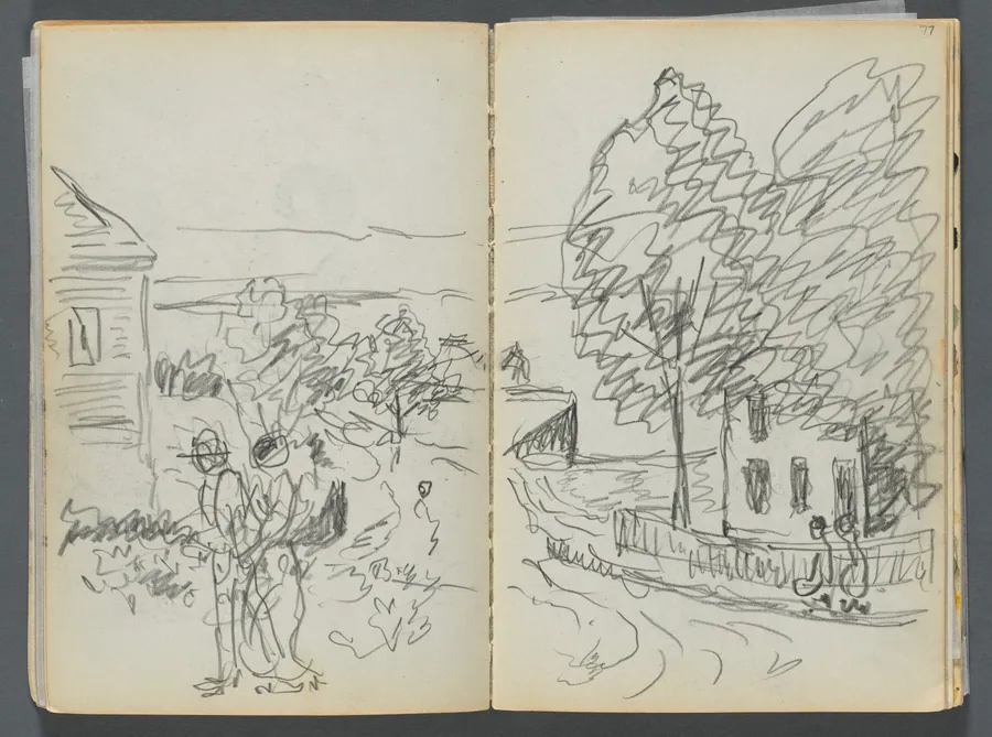 Sketchbook- The Granite Shore Hotel, Rockport, page 076 & 77: Village Scene by Maurice Prendergast