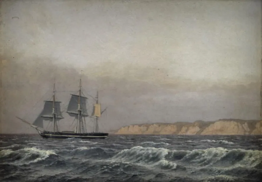 Møens Klint i 3/4 mils afstand fra kysten og en sejlende korvet by C.W. Eckersberg