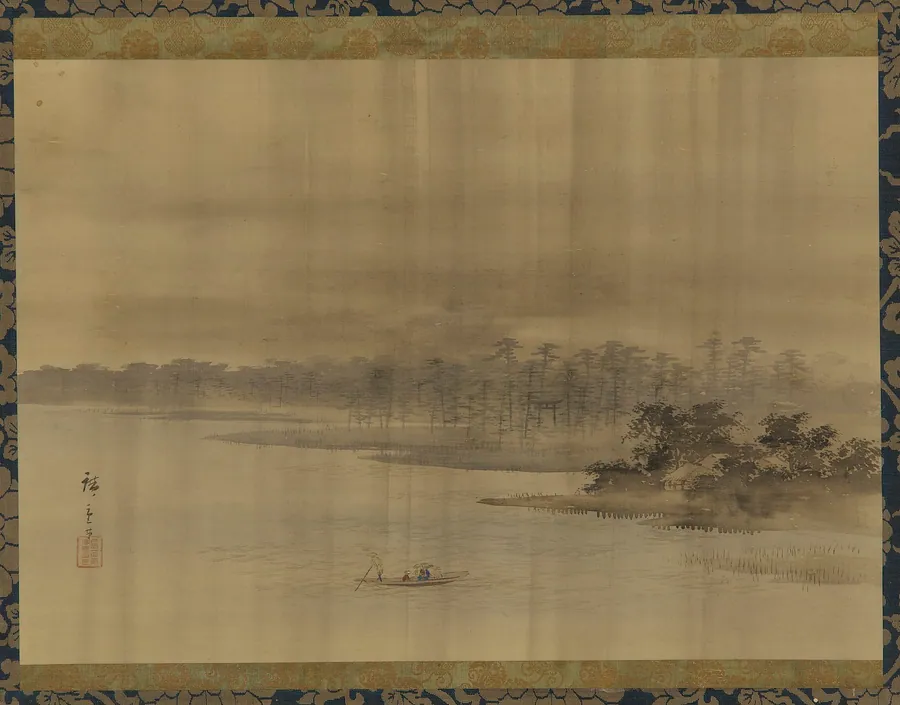 River landscape and temple in the rain by Utagawa Hiroshige II 歌川広重 二世 (1826-1869)